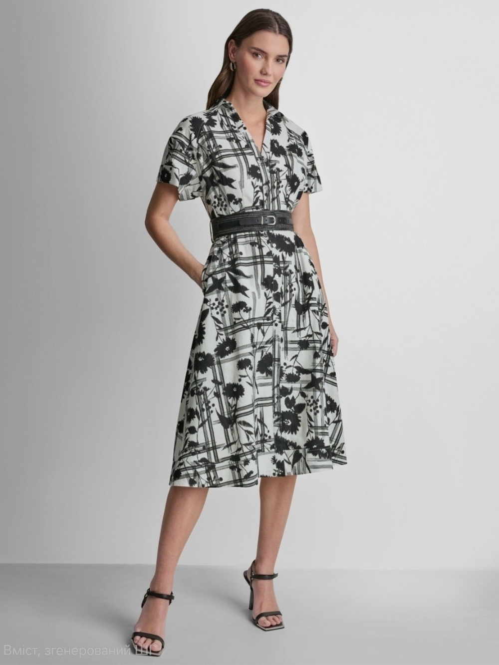 DKNY Belted Floral Plaid V-Neck Midi Dress in Black & White Size 8